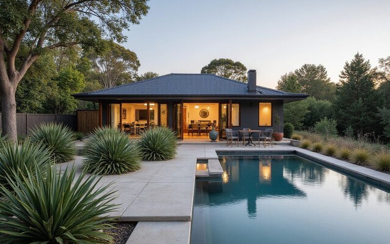 Agaves and ornamental grasses around Melbourne pool showing low-debris architectural planting