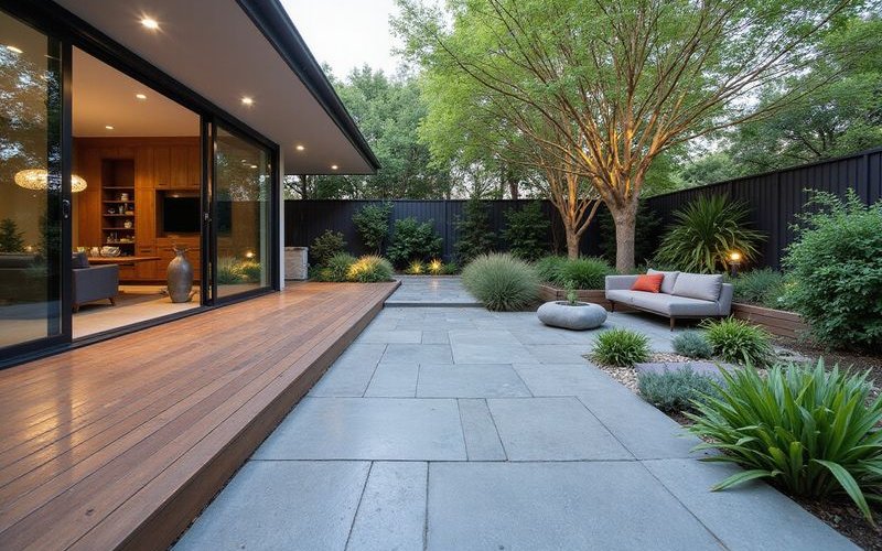 Beautiful bluestone paving and timber deck combination in Melbourne outdoor entertaining area with quality craftsmanship