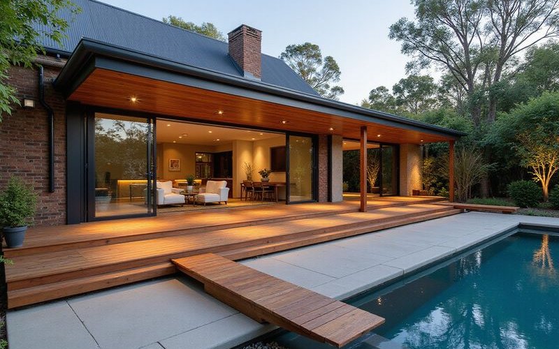 Beautiful Melbourne outdoor living space with timber deck pergola and seamless connection to indoor areas