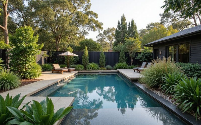 Beautiful poolside planting in Melbourne showing appropriate low-debris species creating lush pool surround