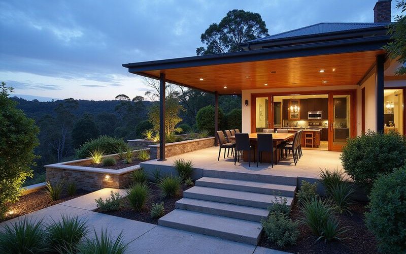 Completed steep block landscaping project showing stunning outdoor living space with terraced gardens entertaining areas and views over Melbourne suburbs