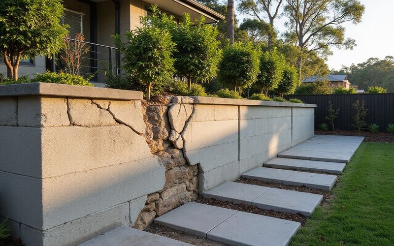 Cracked existing retaining wall in Melbourne garden showing failure due to poor drainage and construction