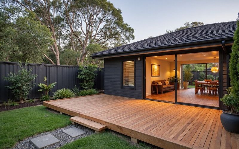 Custom hardwood timber deck construction in Melbourne backyard featuring spotted gum with quality steel frame