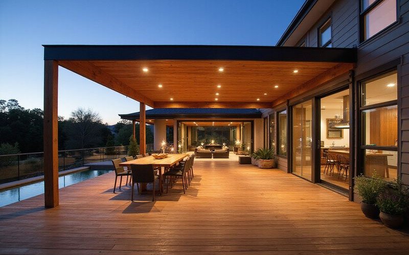 Custom timber deck and pergola construction in Melbourne garden featuring quality hardwood and contemporary design