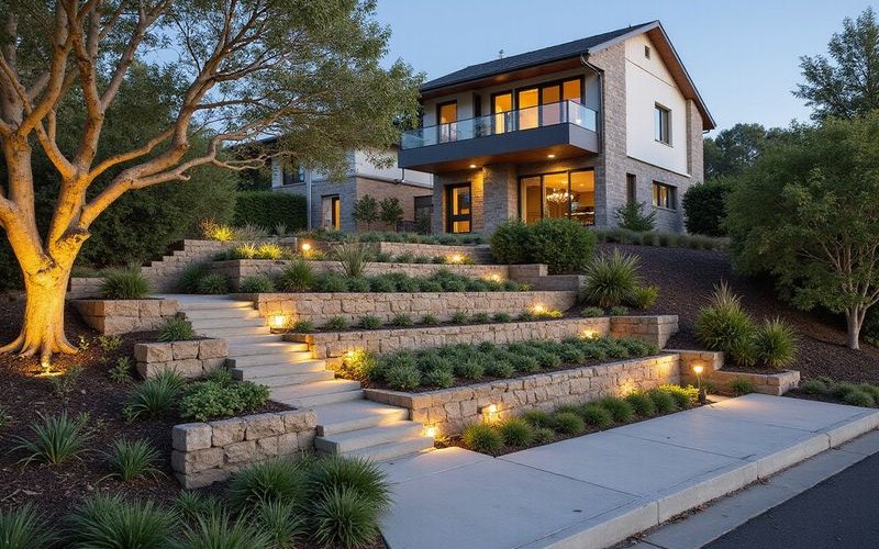 Dramatic steep block transformation in Eltham showing multi-level terracing with native Australian gardens and quality retaining walls