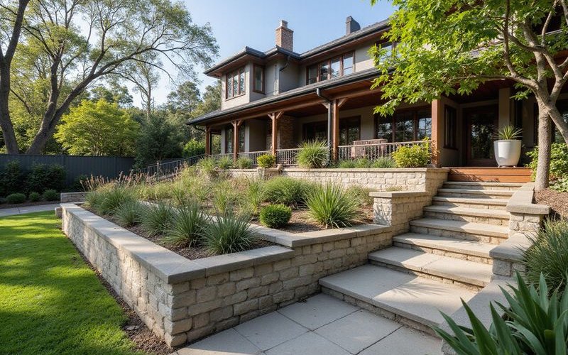 Cross-section diagram of engineered retaining wall system showing proper drainage waterproofing and structural reinforcement for steep Melbourne blocks
