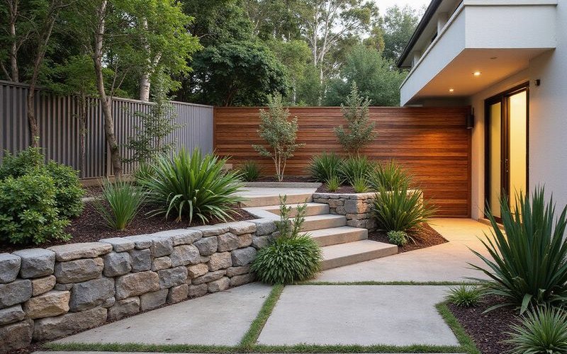 Variety of retaining wall types including timber sleepers natural stone and rendered concrete blocks in Melbourne steep block gardens