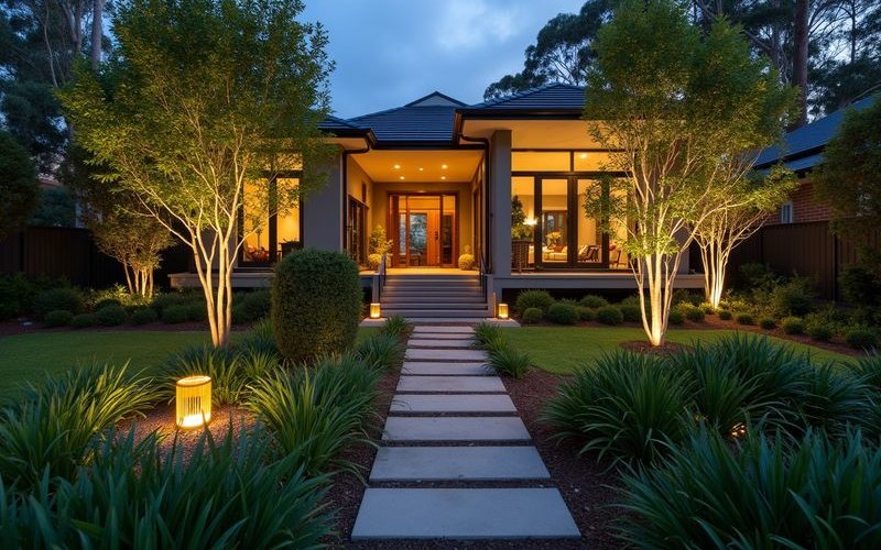 Garden irrigation and LED lighting installation in Melbourne garden showing automated systems and atmospheric evening lighting