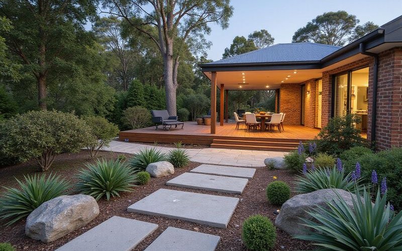 Integrated landscape design showing natural stone paving connecting with timber deck garden beds and lawn areas