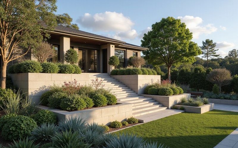 Landscape design concept for steep Melbourne block showing proposed terracing retaining walls and planting zones