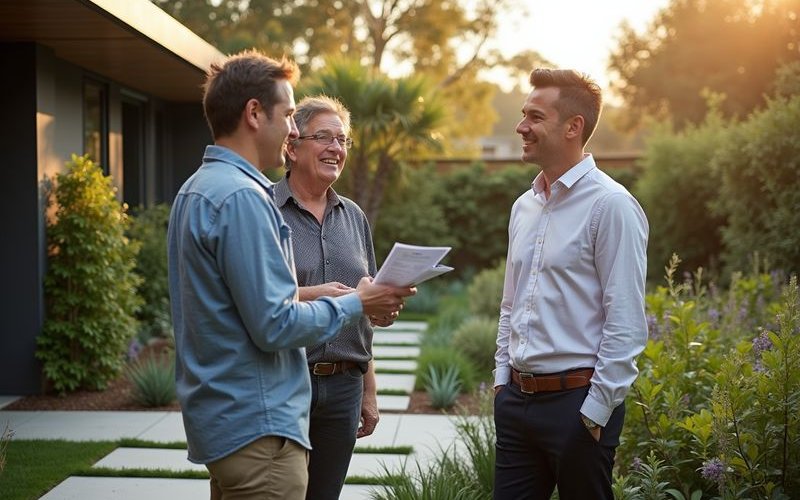 Landscape designer meeting with Melbourne homeowners during initial consultation discussing garden design concepts and possibilities