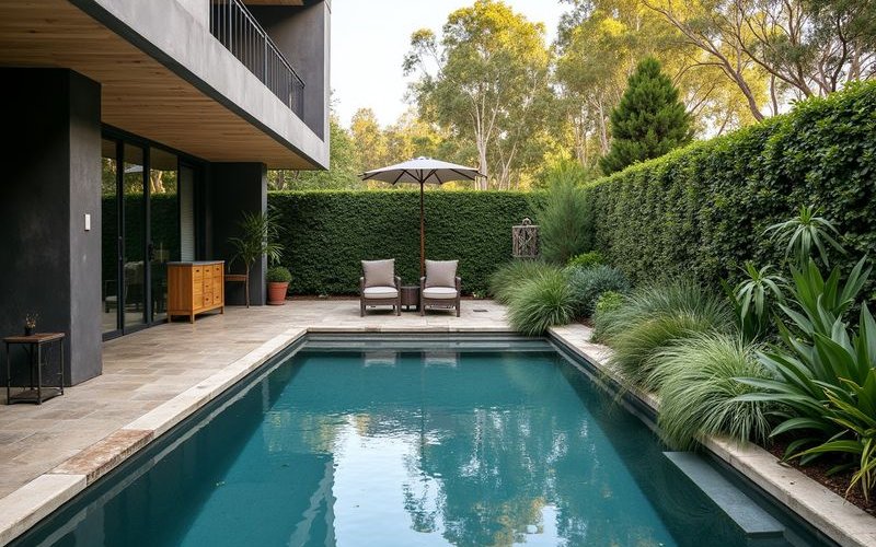 Layered poolside planting design in Melbourne showing height variation and appropriate species selection