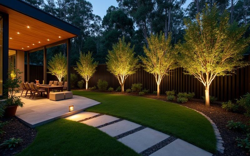 LED garden lighting installation showing feature tree uplighting path lights and atmospheric outdoor entertaining illumination
