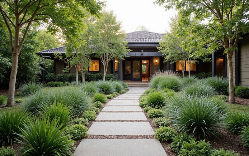 Native groundcover and grass planting showing Lomandra Dianella and other species for Melbourne gardens