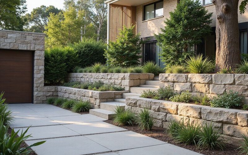 Natural stone retaining wall showing dry-stacked construction with planting pockets and organic aesthetic