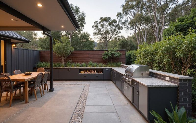 Outdoor kitchen and BBQ area in Melbourne garden with built-in cooking and entertaining space