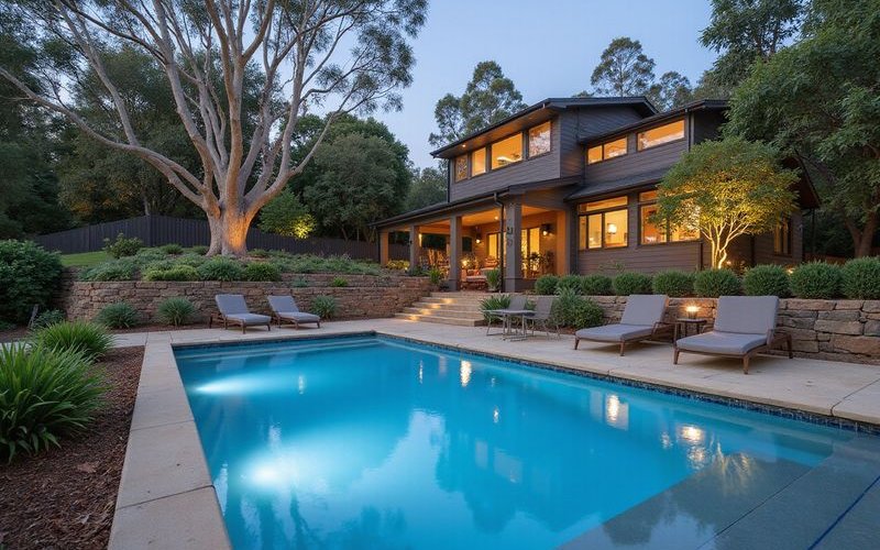 Pool landscaping on sloping Melbourne block showing level integration retaining walls and terraced garden surrounds