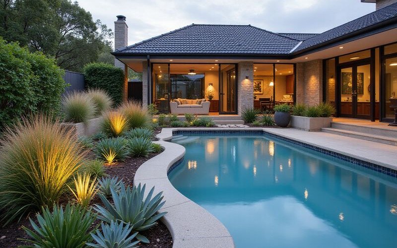 Pool planting design showing appropriate plant selection with ornamental grasses succulents and low maintenance species