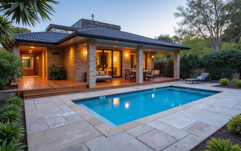 Pool surround paving showing natural stone integrated with timber deck and poolside entertaining area