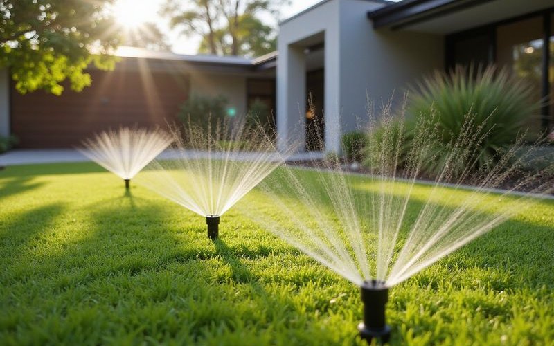 Pop-up sprinkler system for Melbourne lawn showing retractable heads and even water coverage