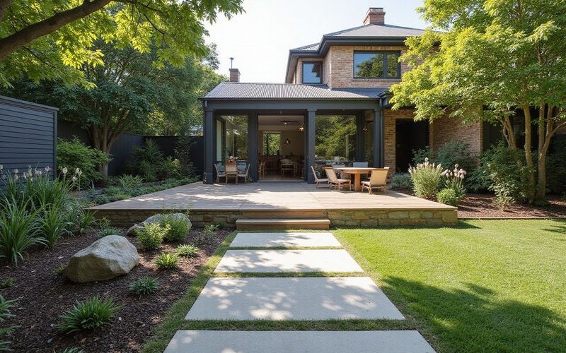 Professional landscape construction team at work on Melbourne garden project building quality retaining walls and paving