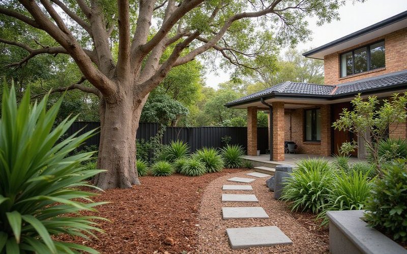 Professional mulching around native garden planting showing quality eucalyptus mulch and established plants