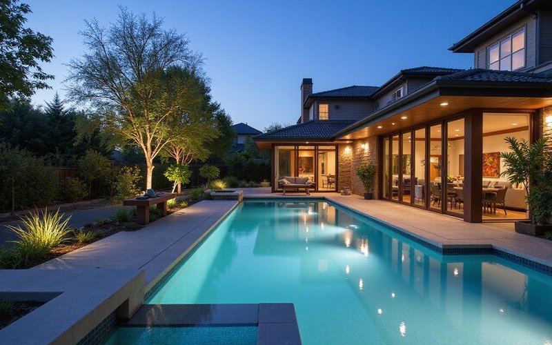 Stunning Melbourne pool landscape showing seamless integration between pool garden and outdoor entertaining areas