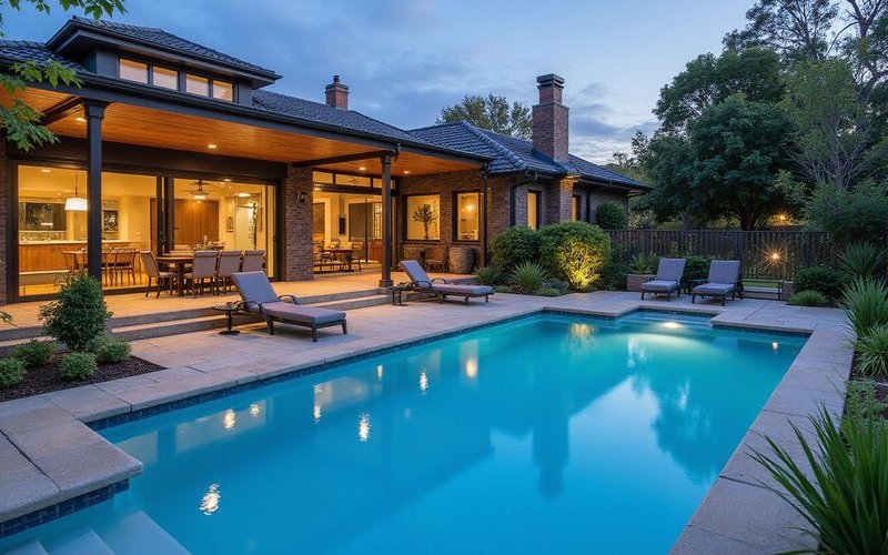 Stunning pool landscaping in Melbourne featuring seamless integration with garden surrounds natural stone paving and quality glass fencing