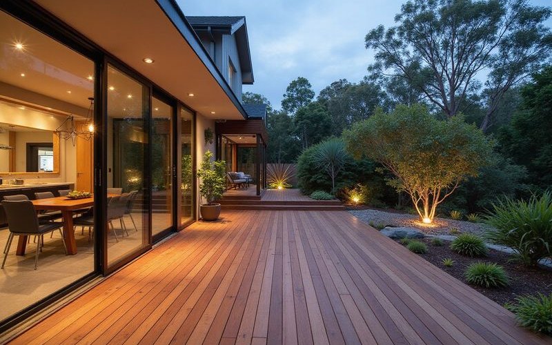 Timber deck design in Melbourne backyard showing quality hardwood and outdoor dining setup