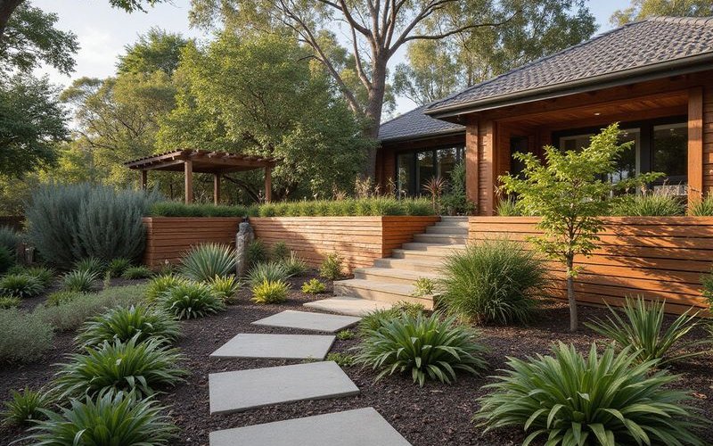 Timber sleeper retaining wall in Melbourne bushland garden showing natural weathered aesthetic with native planting