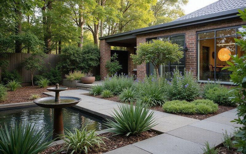 Wildlife habitat features in Melbourne garden including bird bath dense planting and native flowering species